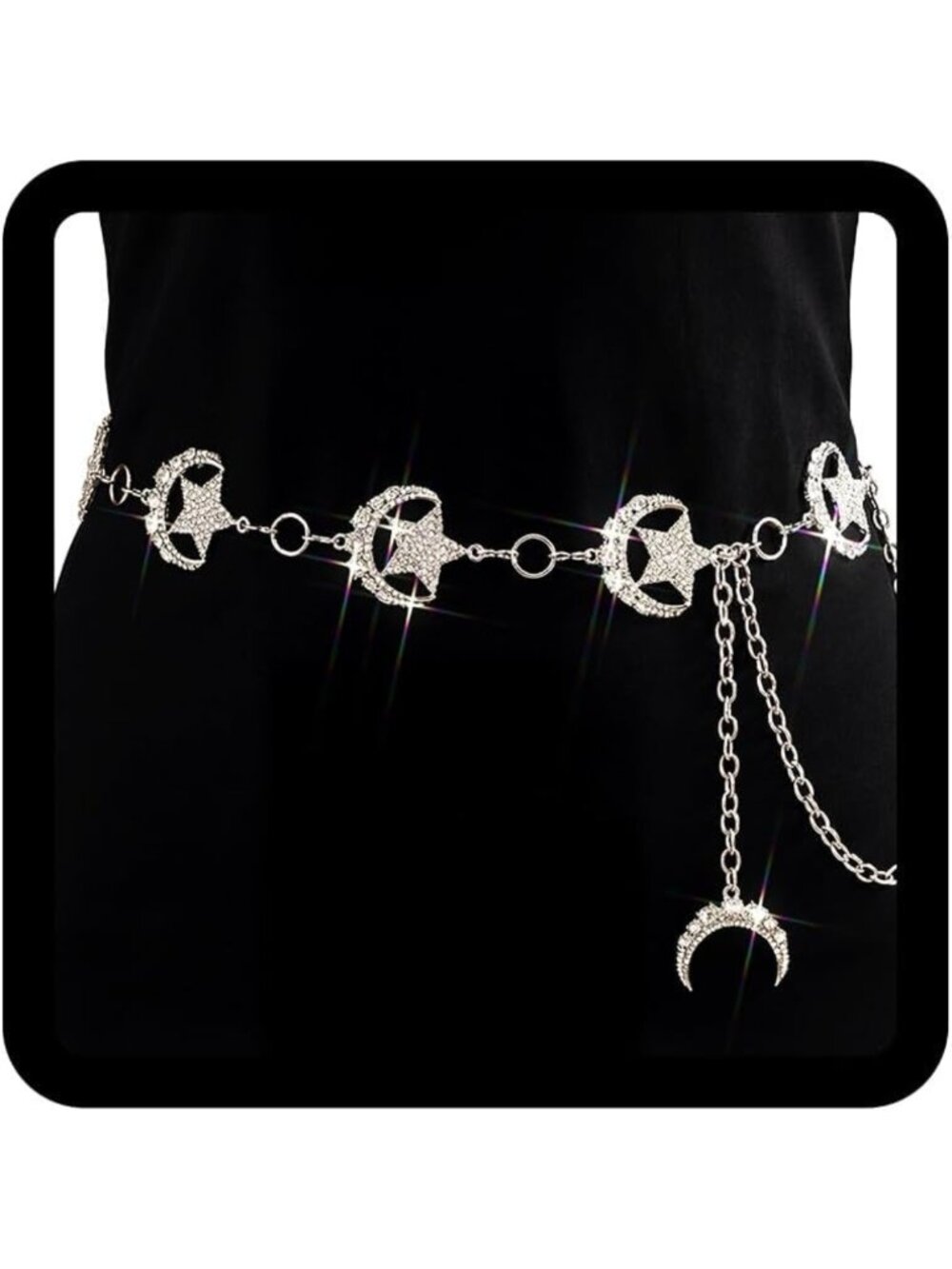 Sparkly Rhinestone Moon & Star Chain Belt - Adjustable Waist Jewelry Accessory